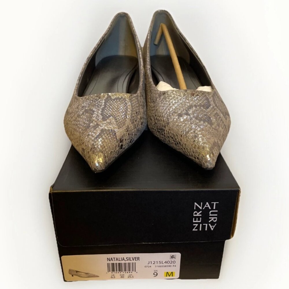 Naturalizer Natalia Kitten Heal Silver Snakeskin Womens Size 9 M New Pointed Toe - Picture 1 of 11